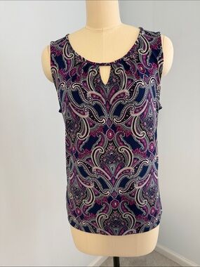 Ann Taylor Navy and Magenta Paisley Sleeveless Keyhole Top Size Med.